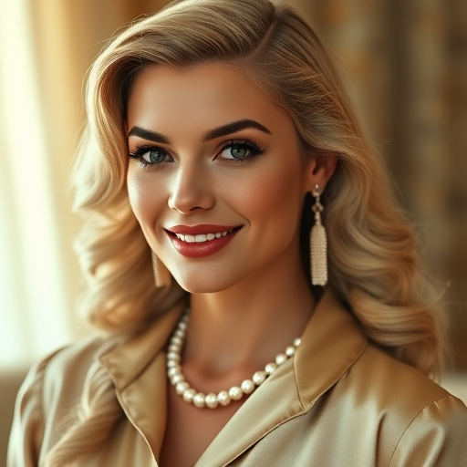 A beautiful Native American woman reminiscent of 1950s Hollywood glamour, with perfectly styled blonde hair and a seductive smile, dressed in a satin blouse and adorned with pearls, soft and warm tones, photorealistic, 8K