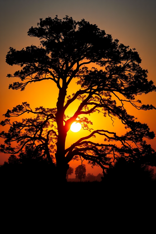 Generate a high-resolution image of a stylized tree silhouette at sunset with the camera settings set to f/4, ISO 100, shutter speed 1/250 sec, using a wide-angle lens, shot from a low angle to emphasize the height of the tree, with a DSLR camera type for enhanced clarity and detail.