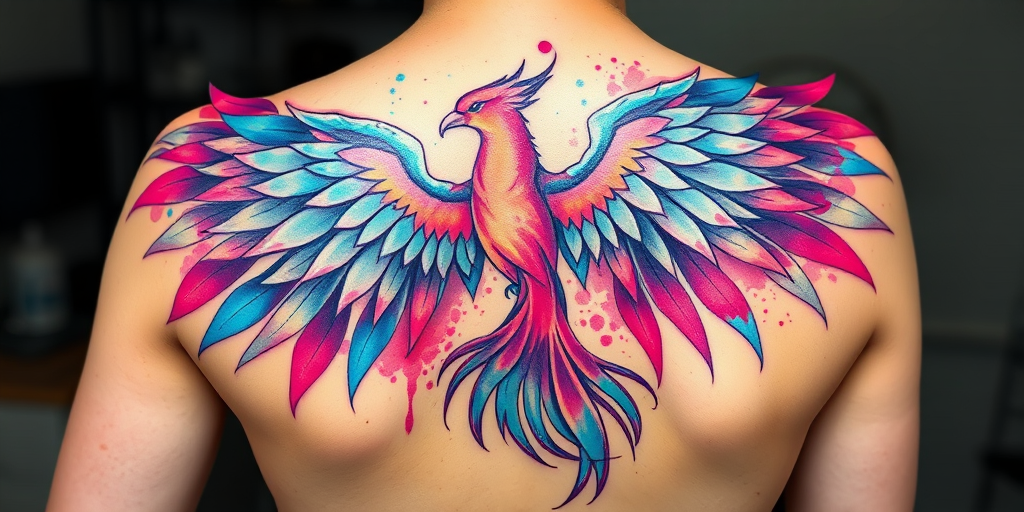 Vibrant watercolor phoenix tattoo design with iridescent feathers and flowing brushstrokes, incorporating shades of turquoise and magenta, emblazoned across the upper back in a sweeping arc