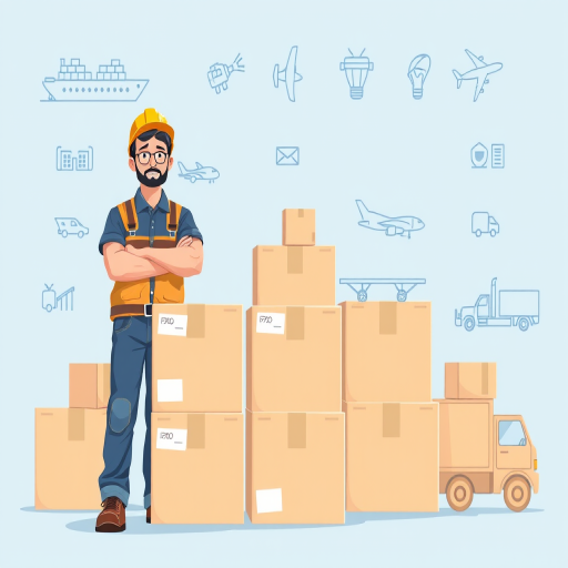 Create a high-resolution digital illustration of a warehouse worker standing confidently beside three stacked boxes, with a light blue background featuring simplified transportation icons like a ship, airplane, and truck, using a wide-angle lens, f/8 aperture, ISO 200, and soft natural lighting for a clean and professional look.
