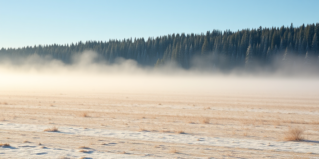 a serene winter landscape with a frosty field in the foreground, gentle mist rising, and a dense forest of evergreen trees in the background under a clear sky
