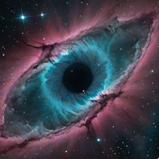 create a stunning, high-resolution image of a colorful nebula resembling an eye, with vibrant hues of turquoise, pink, and deep blue, surrounded by stars and cosmic dust, capturing the beauty of the universe.
