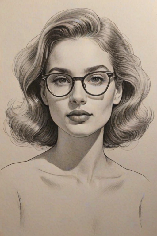 Stunning Ella Balinska, pencil sketch, portrait of Fetching woman 1942s in glasses, hair style beatnik, outline, clear lines, fine lines, 8k