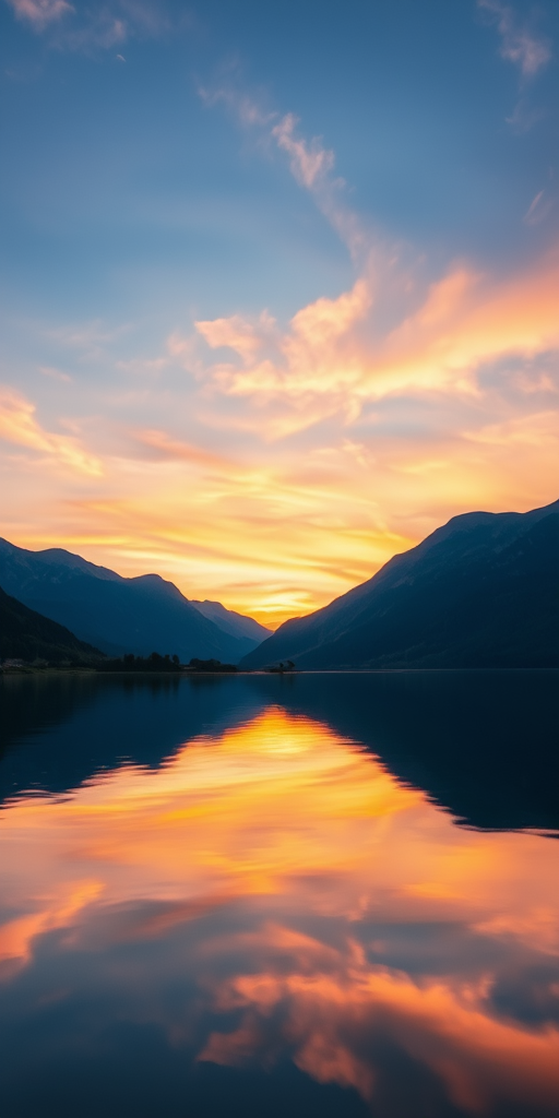 Generate a high-quality image of a serene landscape featuring a calm lake reflecting the sky during sunset, with mountains in the background, captured using a Canon EOS 5D Mark IV at f/8 aperture, ISO 100, 1/125 sec shutter speed, wide-angle lens, and in vibrant colors, with a soft focus effect.