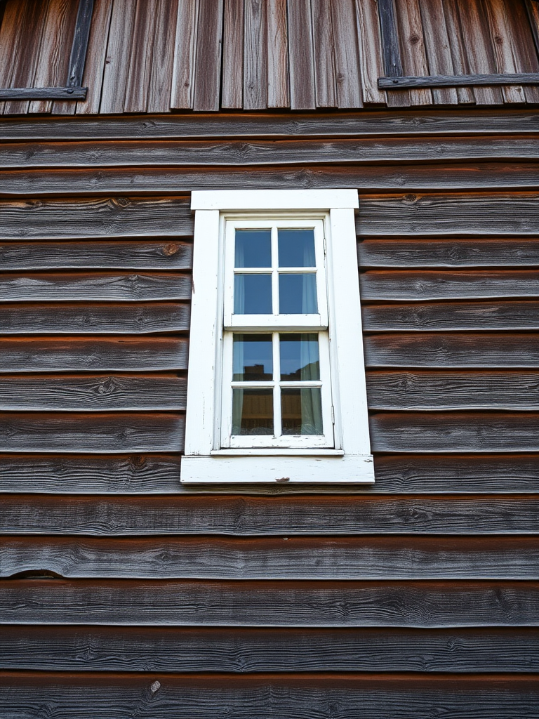 a close-up view of a vintage wooden building with a single white window, natural daylight, high-resolution quality, aperture f/4, shutter speed 1/200 sec, ISO 100, DSLR camera, focus on texture and details of the wood grain