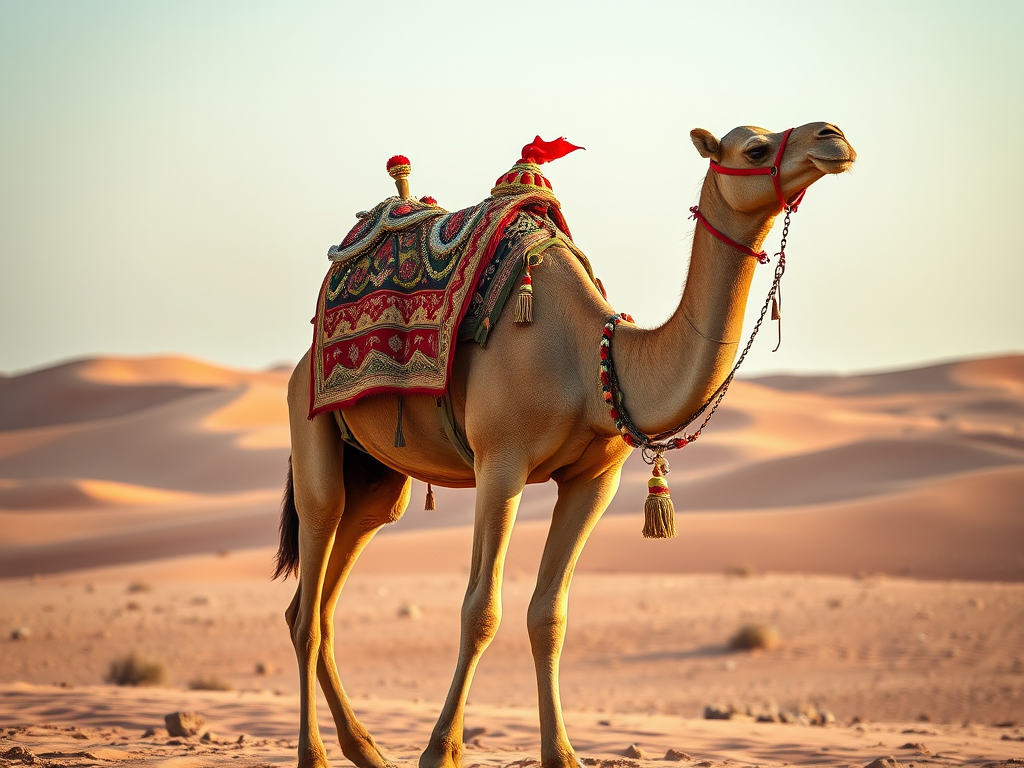 High-resolution image of a decorated camel standing in a desert landscape, captured with a DSLR camera at f/4.5 aperture, ISO 100, shutter speed 1/200 sec, 50mm lens, natural light, with a slight vignette for depth.