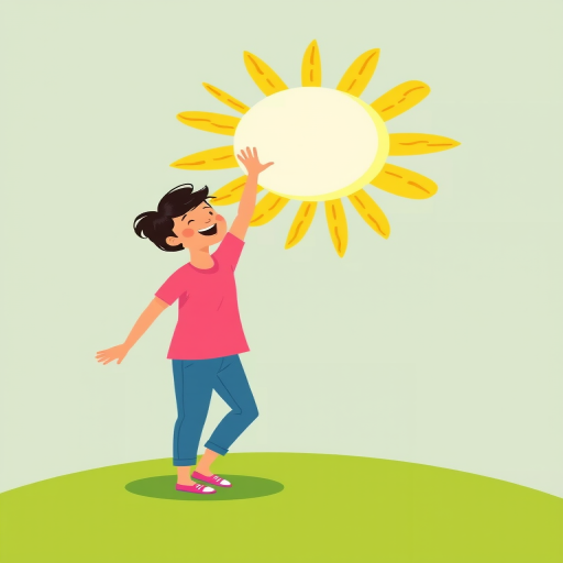Create an illustration of a person with a playful design style, wearing a pink top and blue pants, reaching up to grasp a large, whimsical sun, set against a simple green foreground, using a Canon EOS 5D Mark IV, ISO 100, f/8 aperture, 24mm lens, natural lighting, with a vibrant color palette and a focus on the character's joyful expression.