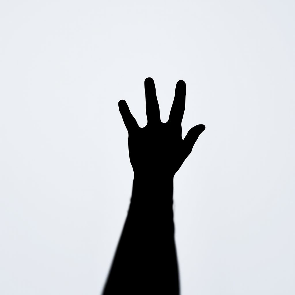 create a high-resolution black silhouette of a hand reaching upwards against a plain background, photography style, shot with a 50mm lens at f/1.8, ISO 100, natural lighting, focus on hand detail