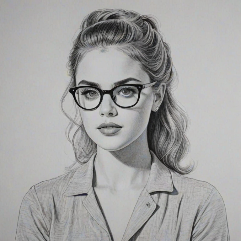 Charming Anne Winters, pencil sketch, portrait of Charming woman 1955s in glasses, hair style beatnik, outline, clear lines, fine lines, 8k