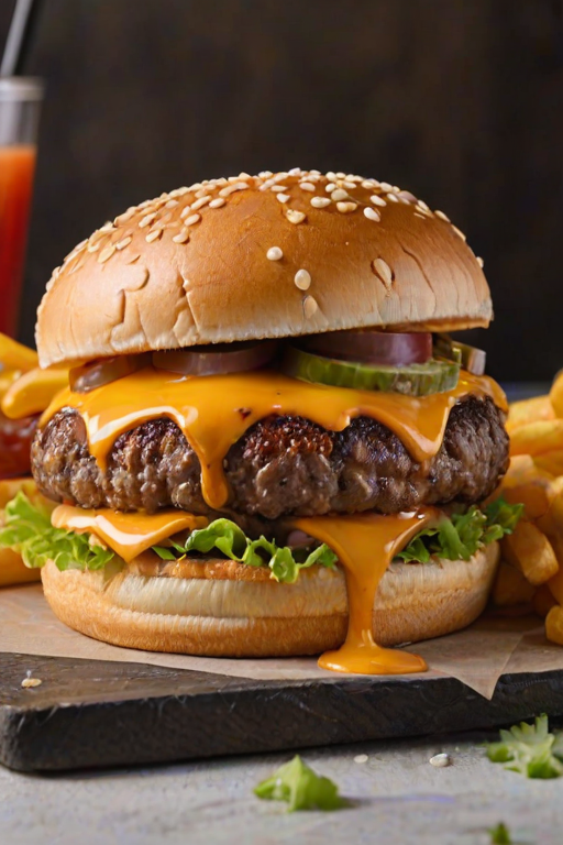 High-resolution, close-up image of a gourmet double cheeseburger. The burger features a glossy, sesame-seed-topped brioche bun. Inside, there are two thick, juicy beef patties, each topped with melted cheddar cheese. The burger is garnished with fresh lettuce, tomato slices, diced onions, and pickles. A generous amount of ketchup and a creamy, orange-colored sauce is dripping down the sides, adding to the mouth-watering appeal. In the background, there are blurred elements including a side of golden French fries and a hint of a beverage, enhancing the overall presentation of a delicious meal.