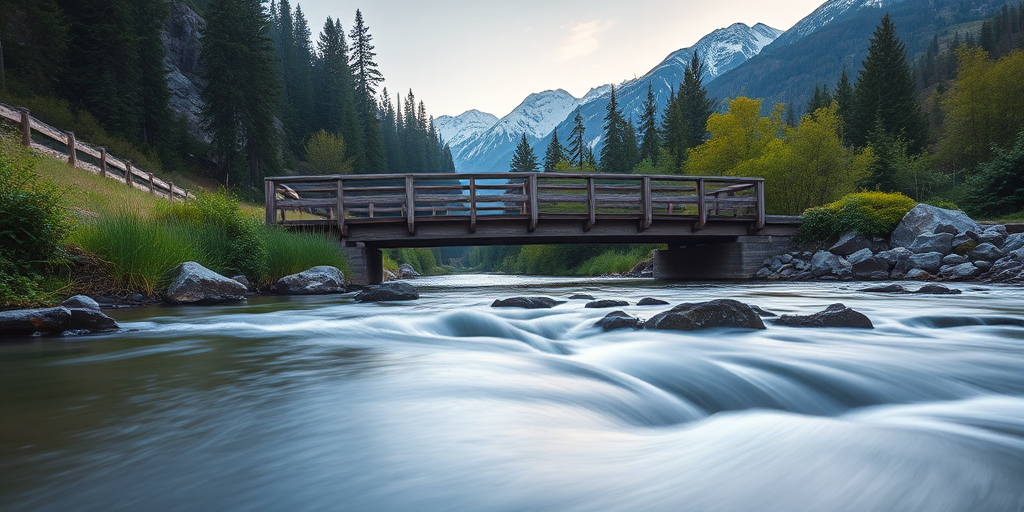 a serene river scene with a wooden bridge over a gently flowing stream, surrounded by lush greenery and snow-capped mountains in the background, captured in early morning light with a Canon EOS R5, 24mm lens, f/11 aperture, ISO 100, using a slow shutter speed to create smooth water motion, shot from a low angle perspective to emphasize foreground elements
