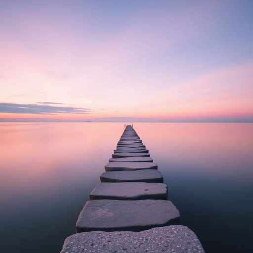 Regenerate the image of a long stone jetty extending into calm waters at sunrise with soft pastel colors, using a Canon EOS R5, 24mm lens, f/11 aperture, ISO 100, 30-second exposure, capturing a serene and minimalist composition from a low angle view.