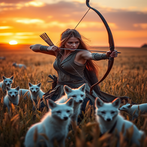 Generate an image of a fierce female archer in a golden field, with a dynamic pose as she aims her bow, surrounded by white foxes, captured with a Canon EOS R5, 85mm lens, f/2.0 aperture, ISO 200, at sunset for dramatic lighting and vibrant colors.