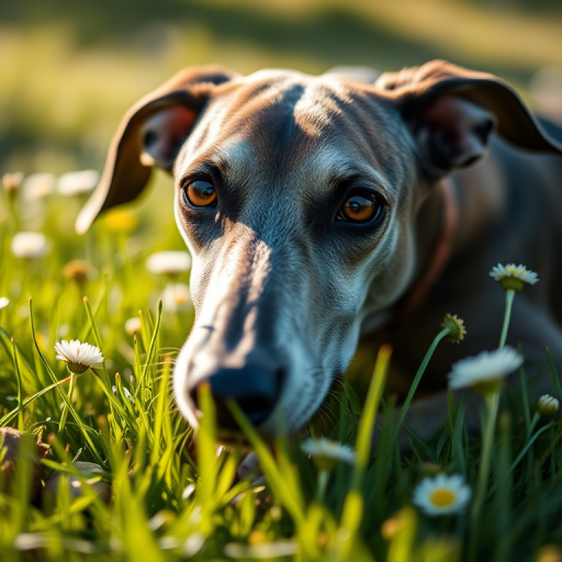 A close-up portrait of a greyhound lying in a sunlit meadow with soft grass and flowers, capturing its expressive eyes with a shallow depth of field, shot with a Canon EOS 5D Mark IV, 50mm lens, aperture f/1.8, ISO 100, natural light for enhanced image quality.