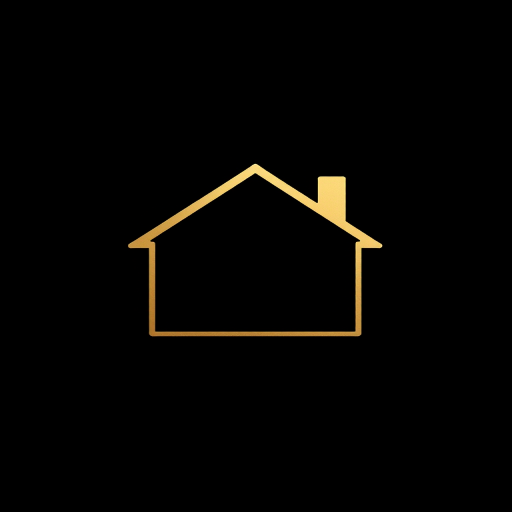 Create a high-resolution image of a minimalist house outline with a sleek gold finish against a black background, using a DSLR camera with a 50mm lens, aperture f/1.8, ISO 100, and a shallow depth of field to enhance details and focus.