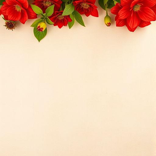 high-resolution image of a textured cream background with floral elements in red and green at the top, soft focus effect, natural light, taken with a DSLR camera at f/2.8, 50mm lens, ISO 100, top-down view, vibrant color enhancement