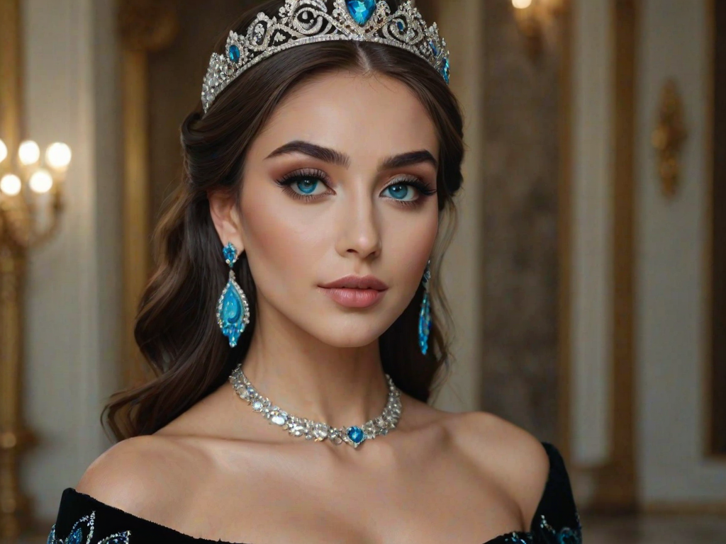 A gorgeous Azerbaijani woman in a luxurious black gown, accessorized with a dazzling tiara and statement earrings, her deep cyan eyes highlighted by impeccable makeup, poised in a royal setting, photorealistic, 8K quality