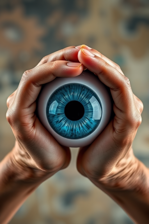 regenerate an image of a large blue eye being grasped by two textured, artistic hands with an abstract background using a DSLR camera, 50mm lens, f/1.8 aperture, ISO 100, 1/200s shutter speed, soft focus background for depth, vibrant color saturation and enhanced contrast