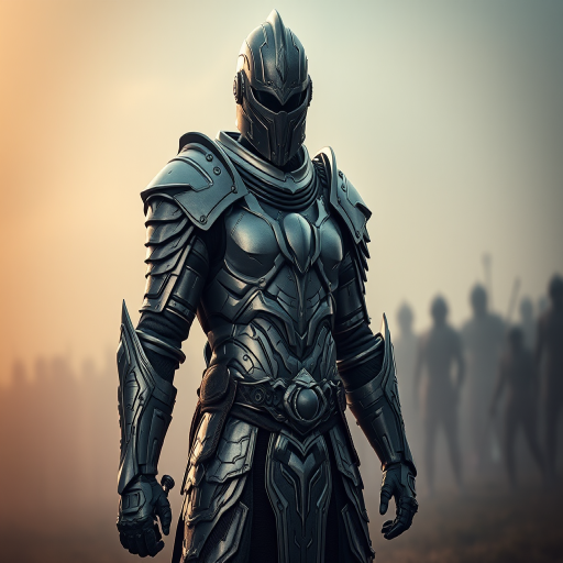 A futuristic warrior clad in intricate metallic armor standing confidently in a misty battlefield, dramatic lighting highlighting the details of the armor, 50mm lens, f/2.8 aperture, ISO 100, shot from a low angle to emphasize stature, taken with a full-frame DSLR camera.