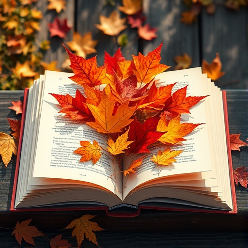 Create a vibrant illustration of an open book with colorful autumn leaves emerging from its pages, using a Canon EOS R5 with a 50mm lens, f/1.8 aperture, ISO 100, 1/200 sec shutter speed, shot from a top-down perspective with natural lighting to enhance detail and color contrast.