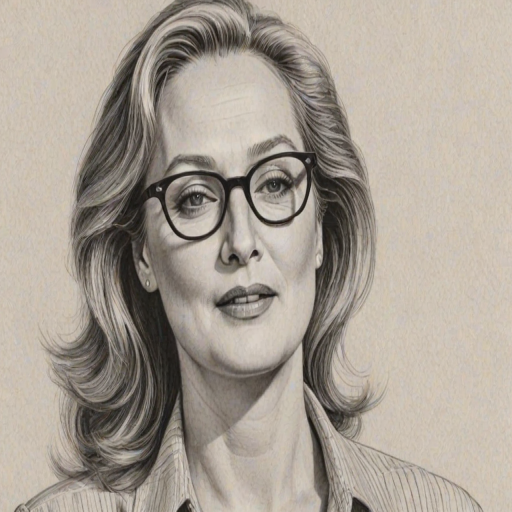 Sublime Meryl Streep, pencil sketch, portrait of Enticing woman 1971s in glasses, hair style beatnik, outline, clear lines, fine lines, 8k
