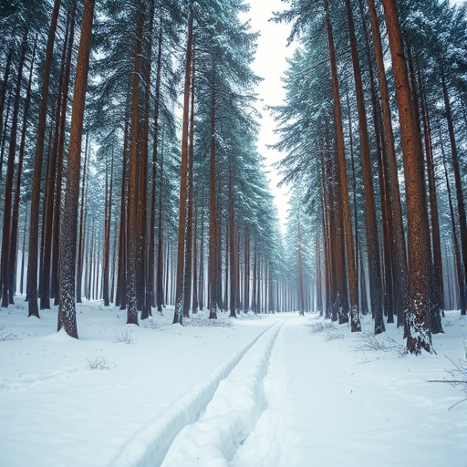 snowy forest landscape with tall pine trees covered in snow, soft natural lighting, shallow depth of field, wide-angle lens, f/8 aperture, ISO 200, 1/125 sec shutter speed, DSLR camera, panoramic view, high resolution
