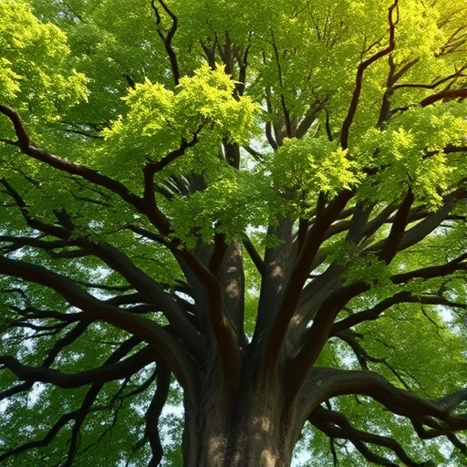 Create a highly detailed illustration of a large, lush tree with a broad canopy, captured with a Canon EOS 5D Mark IV, 50mm lens, f/8 aperture, ISO 100, natural light, slight angle from below to emphasize the height and grandeur of the tree, with vibrant green leaves and textured bark.