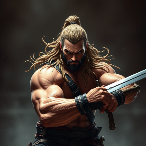 Create a high-resolution digital illustration of a muscular warrior with long hair and a fierce expression, wielding dual swords, in a dramatic lighting setup, using a Canon EOS R5 with a 50mm f/1.2 lens at f/2.8, ISO 100, capturing a close-up view with a soft focus background to enhance depth.