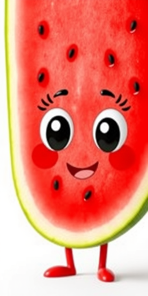 Create an image of a cute cartoon watermelon slice with big expressive eyes and a friendly smile, standing upright with a green rind and black seeds, using a Canon EOS R5, 35mm lens, f/2.8 aperture, 1/200 sec shutter speed, natural lighting, and a clean, white background.