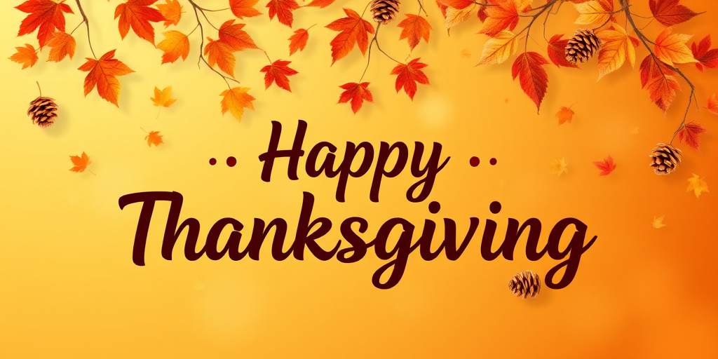Create a warm and festive autumn-themed image with a gradient background of orange and yellow hues. Include a variety of falling leaves in shades of red, orange, and brown. In the center, display the text "Happy Thanksgiving" in a stylish and inviting font, using a dark brown color for contrast. Add subtle decorative elements like pine cones and additional leaves for a cozy, seasonal feel.