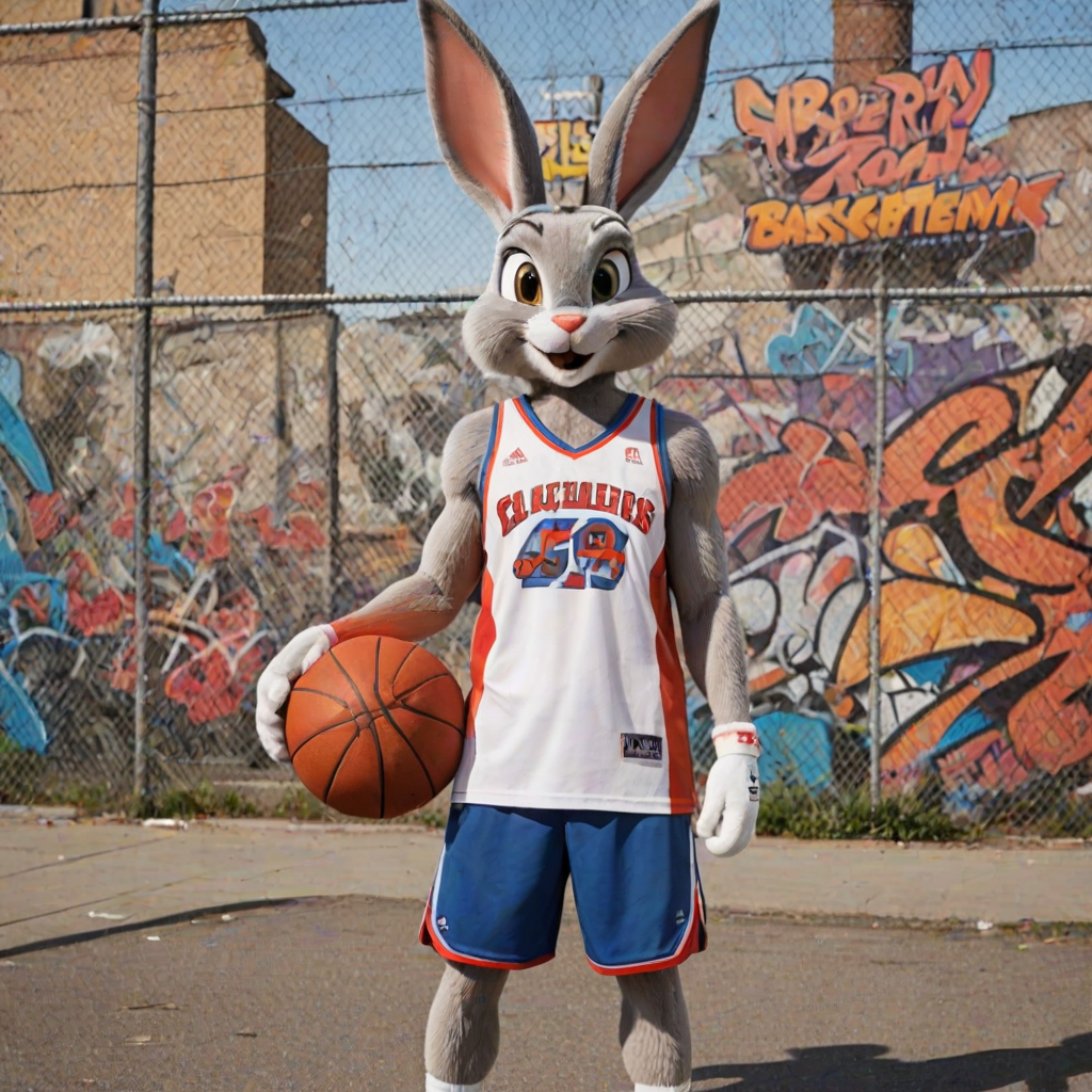 Design an Above the Rim poster featuring Bugs Bunny as Kyle and Lola Bunny as Shep. Bugs is dressed in a basketball jersey and shorts, holding a basketball with a confident expression, while Lola stands beside him in athletic gear, looking determined. The background features an urban basketball court with a wire fence, streetlights, and graffiti. The title "Above the Rim" appears in bold red letters at the top, keeping the original street basketball vibe