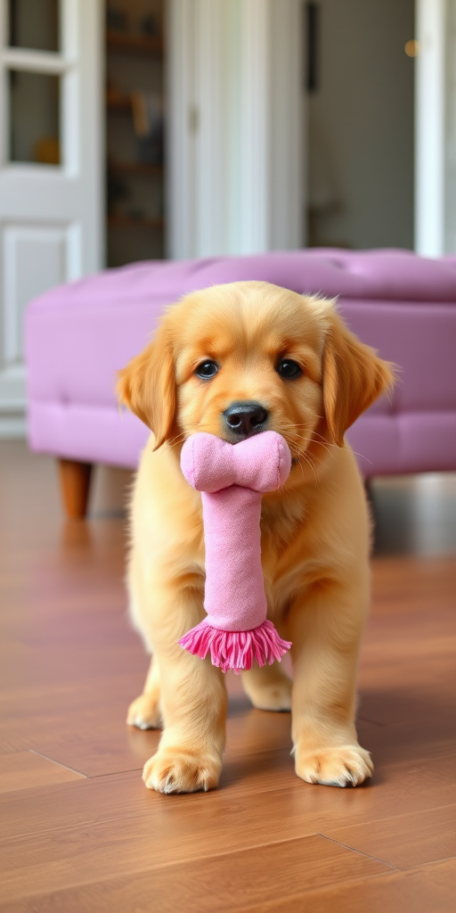 A fluffy golden retriever puppy holding a pink plush toy in its mouth standing on a wooden floor in a bright room with a purple ottoman in the background