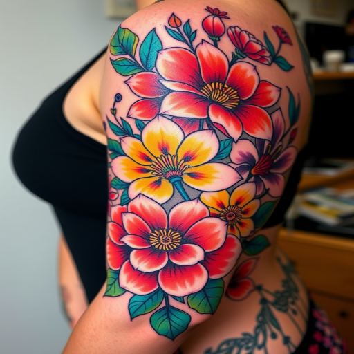 Colorful neo-traditional "Floral Fusion" tattoo combining bold outlines with vibrant hues, incorporating lush flowers and decorative elements for a timeless yet contemporary style