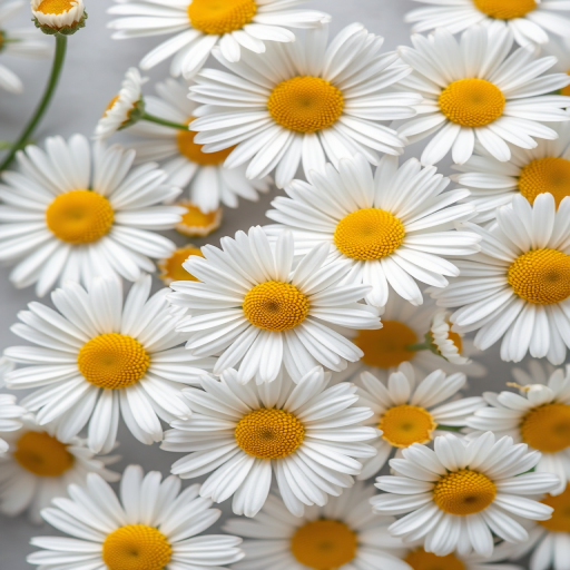 floral pattern of white daisies with yellow centers on a soft gray background, captured with a Canon EOS R5, f/4 aperture, 50mm lens, soft focus style, high-resolution macro photography
