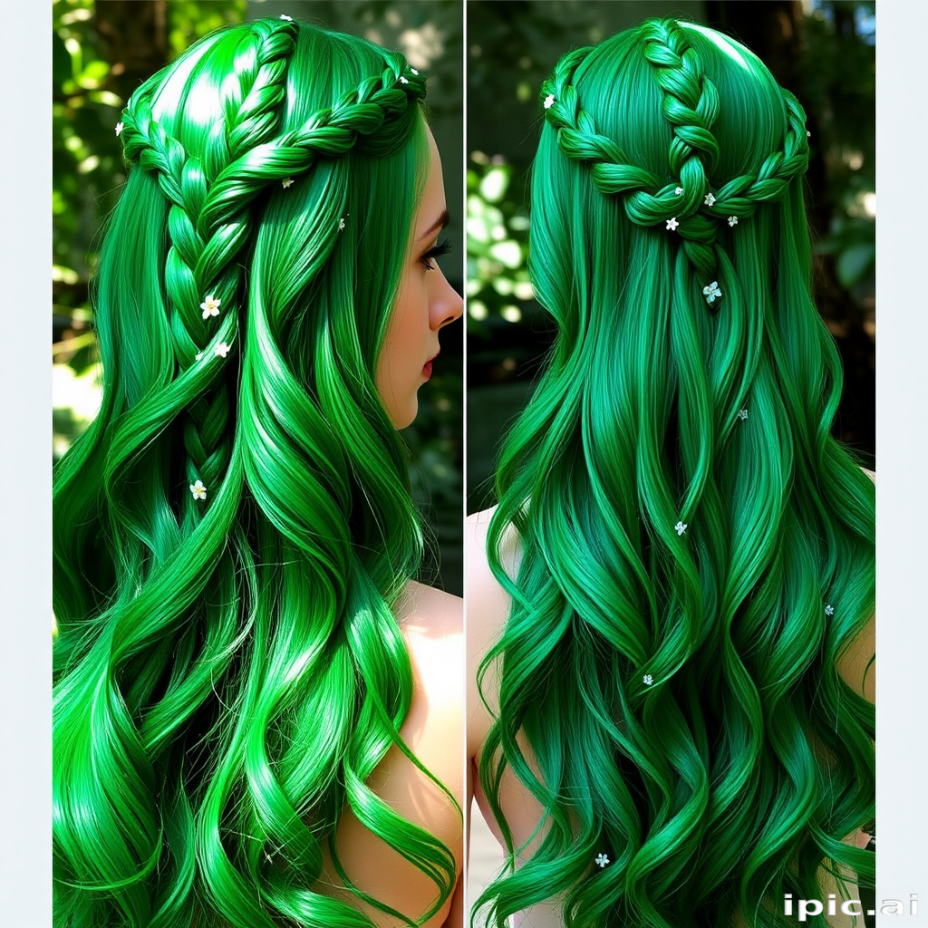 Lush emerald green hair cascades down in glossy, mermaid-like waves, creating the enchanting "Forest Nymph" style. Subtle lighter green highlights mimic dappled sunlight filtering through leaves, while small, delicate flowers are woven throughout the hair. A waterfall braid crowns the head, adding an ethereal touch to this nature-inspired look.