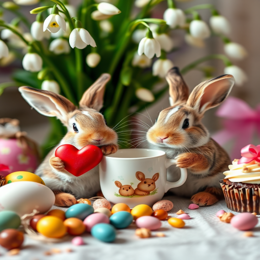 A cute scene featuring two adorable rabbits, one holding a red heart and the other sipping from a mug, surrounded by Easter decorations like colored eggs, chocolate candies, and a cupcake, with a bouquet of snowdrop flowers in the background, shot with a Canon EOS R5 at f/2.8, ISO 100, 50mm lens, natural soft lighting, and a shallow depth of field to enhance clarity and detail.