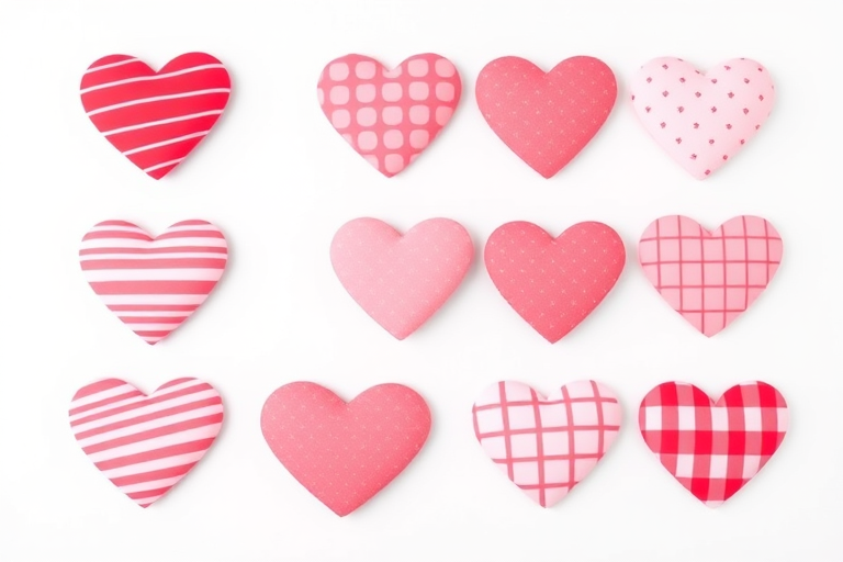 generate a grid of nine hearts in varying shades of red and pink, each with different patterns such as lines, dots, and checks on a white background, camera settings: ISO 100, f/8, shutter speed 1/200 sec, camera view: top-down, camera style: minimalist, camera type: digital DSLR