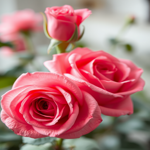 Capture a close-up of two pink roses with a soft focus, using a Canon EOS R, aperture f/2.8, ISO 100, 50mm lens, natural light with a watercolor effect and vibrant color tones.