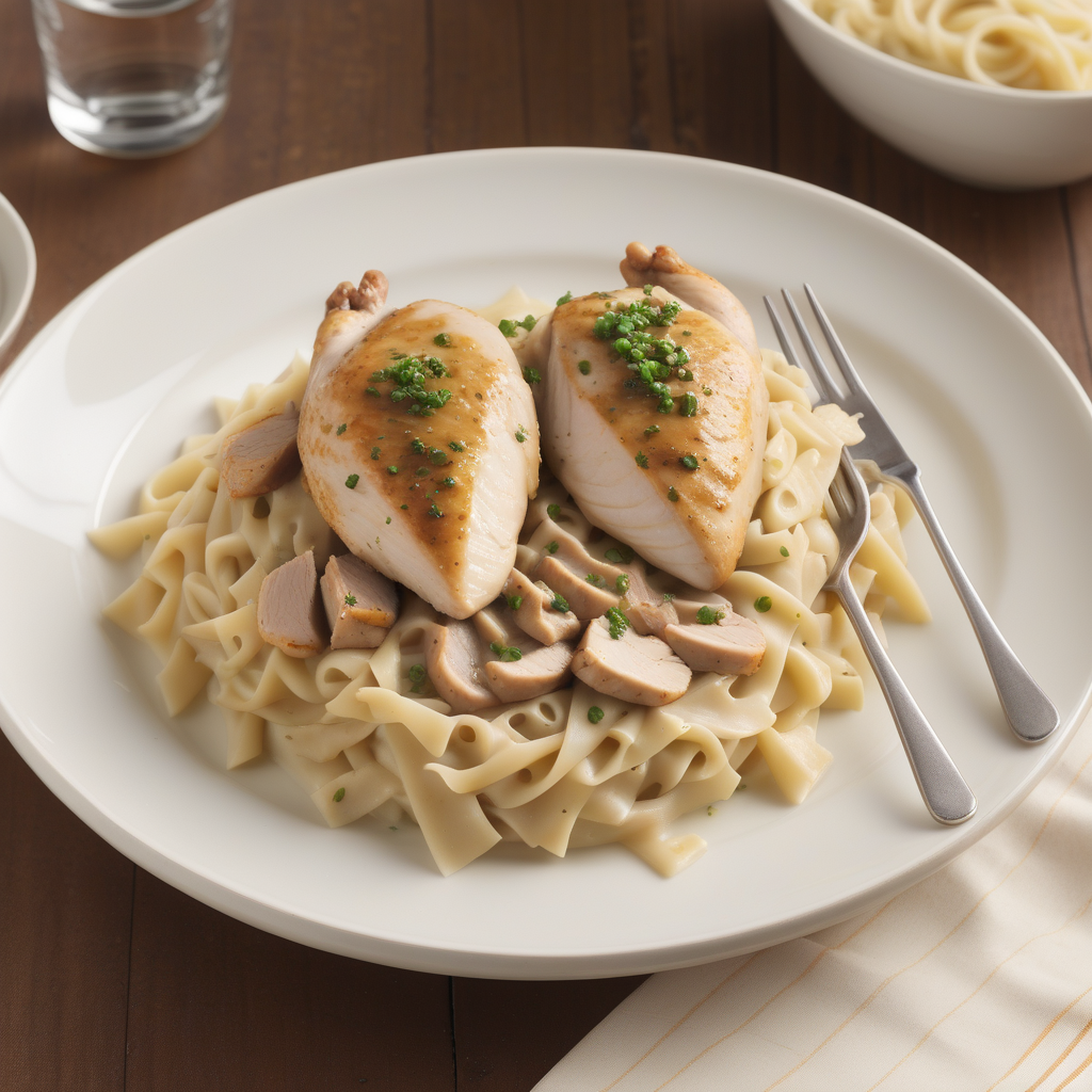 chicken and noodles over mashed potatoes