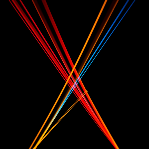 Create an abstract image featuring vibrant red, blue, yellow, and orange lines converging in the center against a black background, captured with a Canon EOS R5 using a 50mm f/1.2 lens, f/1.8 aperture, ISO 100, and 1/125 sec shutter speed for enhanced clarity and contrast.