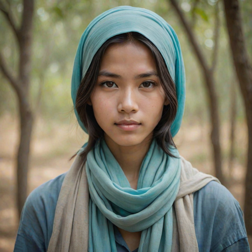 Create a portrait of a young Lao male with long, dark hair and captivating hazel eyes. She is wearing a cyan headscarf and a matching scarf draped gracefully around her neck. The background is softly blurred, focusing attention on her serene and natural expression. The overall color palette is muted and warm, enhancing the intimate and authentic feel of the portrait.