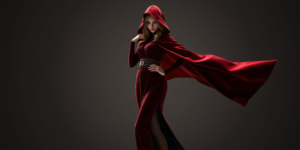 female figure in a long velvet cloak with a hood, standing in a dynamic pose, dramatic lighting, 50mm lens, aperture f/2.8, ISO 100, shallow depth of field, studio background, high-quality 3D rendering