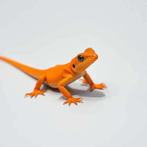 Create an image of a stylized orange lizard on a plain background, using a Canon EOS R5 with a 50mm f/1.8 lens at ISO 200, aperture f/8, shutter speed 1/200s, shot from a slightly elevated angle in natural light for enhanced detail and clarity.
