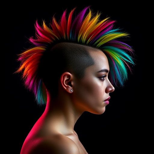 Create an artistic portrait of a person with a vibrant rainbow mohawk hairstyle, side profile, shot with a Canon EOS R5 at f/1.8, 1/200s, ISO 100, in dramatic lighting with a shallow depth of field against a dark gradient background.