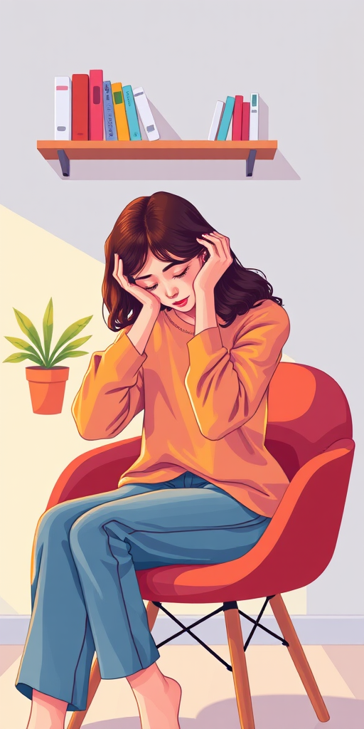 Generate a vibrant and detailed illustration of a woman sitting on a chair with her head in her hands, showcasing a minimalist background with a shelf holding books and a plant, using a Canon EOS R5 camera with a 50mm f/1.8 lens, aperture set to f/2.8, ISO 200, shutter speed 1/125s, captured in a soft focus style to enhance emotions and depth.