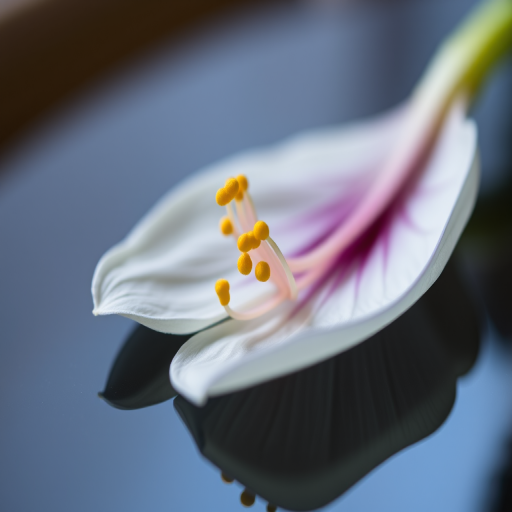 capture a close-up of a delicate flower petal with yellow stamens resting on a dark reflective surface, soft focus with shallow depth of field, natural lighting, macro lens, f/2.8 aperture, ISO 100, shutter speed 1/200s