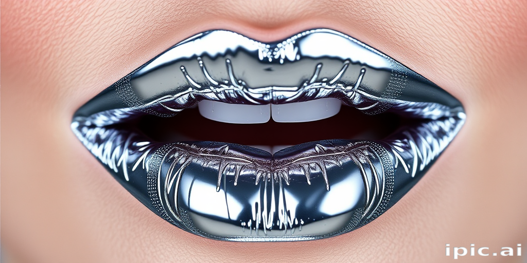 Futuristic "Cyber Silver" metallic lip foil with mirror-like finish, long-lasting and transfer-proof formula, ideal for bold and avant-garde makeup styles