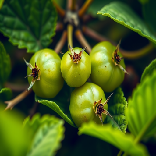 Create a high-resolution image of three green gooseberries nestled among vibrant green leaves, captured with a macro lens, f-stop 2.8, ISO 100, 50mm focal length, natural soft lighting, and a shallow depth of field for enhanced detail and clarity.