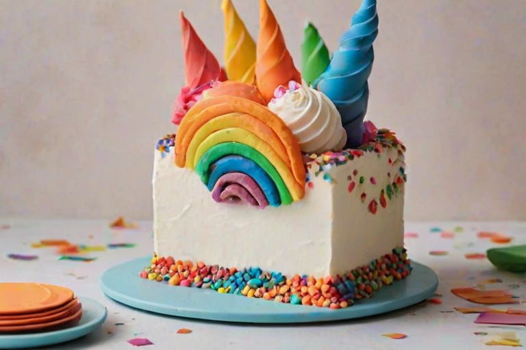 Create an image of a rectangular cake with a smooth white surface. The cake should have a vibrant, colorful design that appears to be flowing or cascading from one side. Incorporate swirling layers of rainbow colors such as pink, orange, yellow, green, blue, and purple. Add small decorative elements like stars and confetti scattered around the base of the cake to enhance the festive look. The background should be plain and simple to keep the focus on the cake.