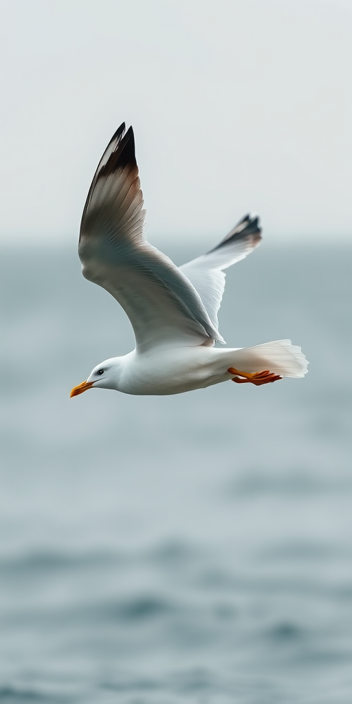 Create a high-resolution image of a flying seagull with a clean background using a DSLR camera at f/5.6 aperture, ISO 200, shutter speed 1/1000s, with a slightly upward angle to capture the bird in action.